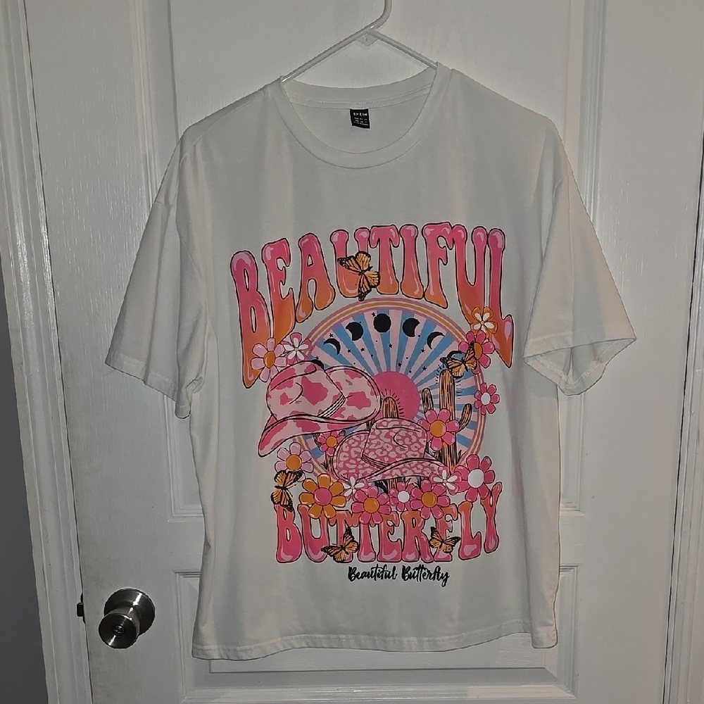 SHEIN White and Pink Short Sleeve Tee with Graphic Design Women's XS Shirt